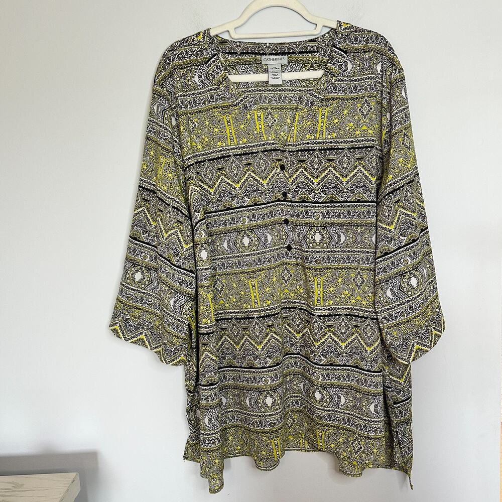 Catherines Blouse Plus Size 3X Black Yellow Floral Button V-Neck 3/4 Sleeve